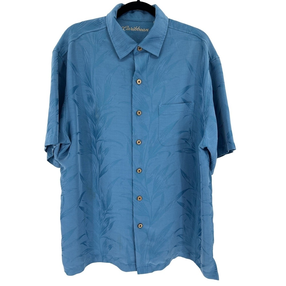 Caribbean Mens XL Blue Jacquard Leaf Short Sleeve Button Down Camp Shirt Pocket